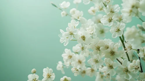 White blossom branches against uniform aqua background.