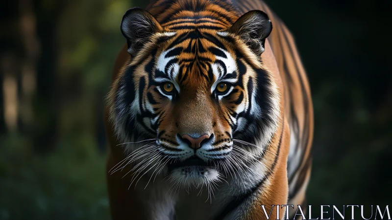 Forward-tracking tiger portrait with shallow-depth forest isolation.