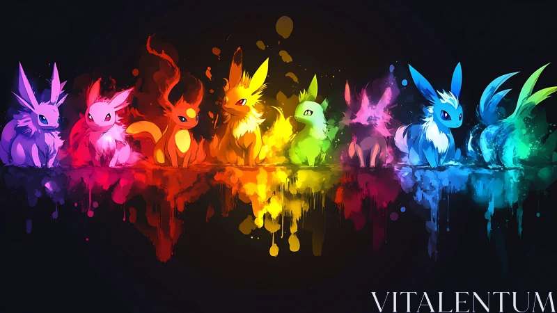 Row of stylized foxlike figures rendered in spectral color band