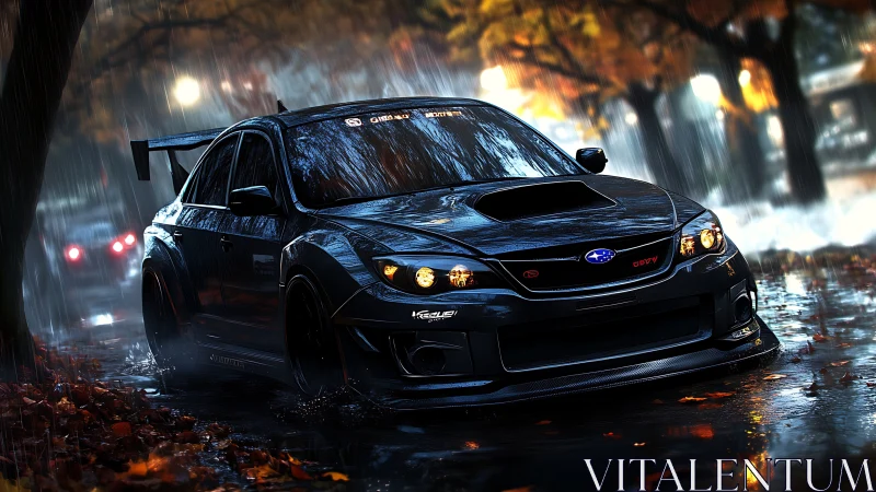 Digital painting of tuned Subaru WRX in cinematic rain scene.