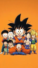 Joyful anime heroes share a bright, playful group moment