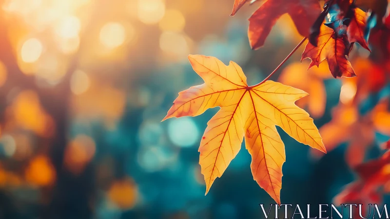 Single orange leaf in sharp focus against blurred bokeh field.
