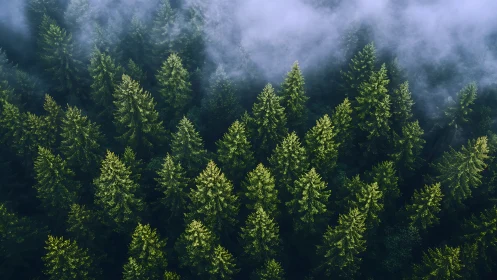 Dense evergreen forest with morning mist, aerial landscape photography.