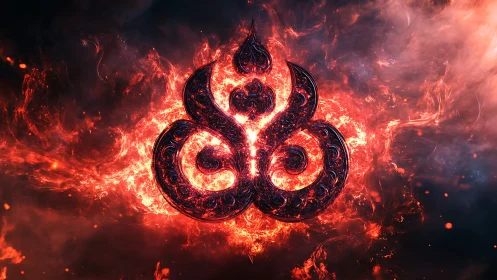 Intricate molten emblem with swirling fire backdrop. Period.