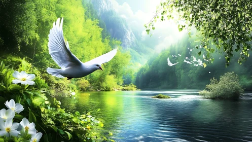 White dove flying over tranquil river in lush green forest, digital art.