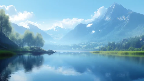 Mountain lake morning draped in silver mist and quiet glow.