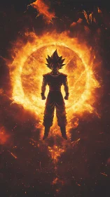 Silhouetted warrior before blazing solar energy ring.
