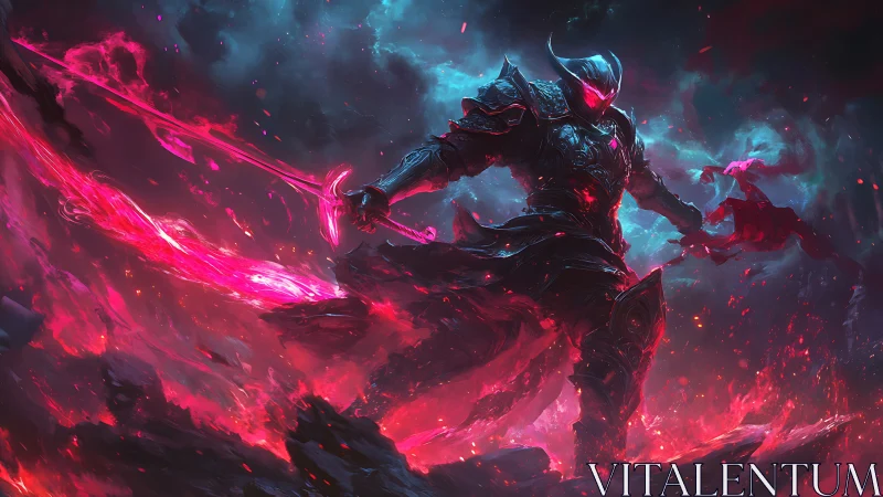 Dark armored warrior wields flaming crimson blade amid chaos.