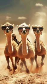 Triadic camel sprint with mirrored sunglasses and desert dust plume.