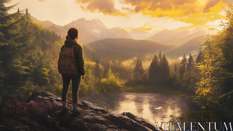 Solitary hiker greeting a golden mountain dawn horizon.