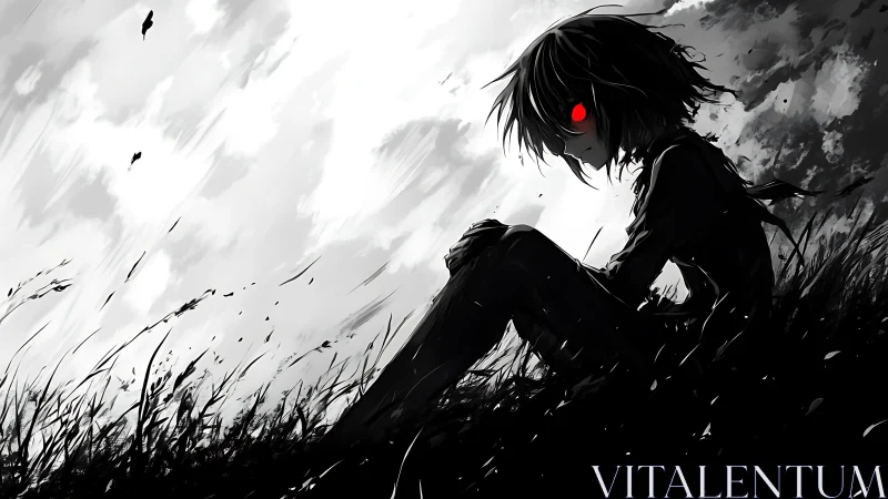 Crimson-eyed wanderer rests quietly under a stormy sky