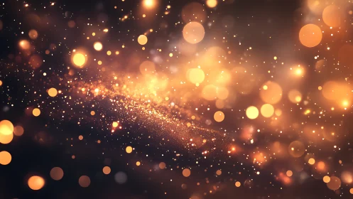 Stardust confetti drifts through molten amber twilight