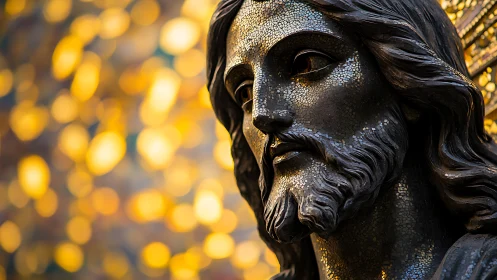 Mosaic-faced bearded statue head with golden bokeh background.