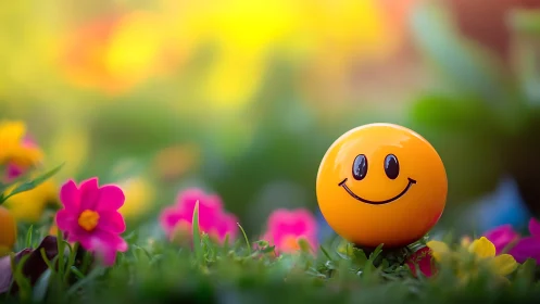 Smiley face ball resting among colorful garden flowers.