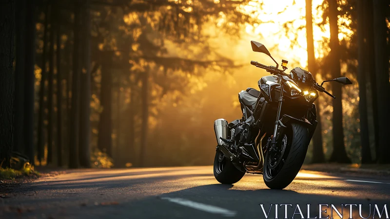 Sport motorcycle cuts forest road through golden sunrise.