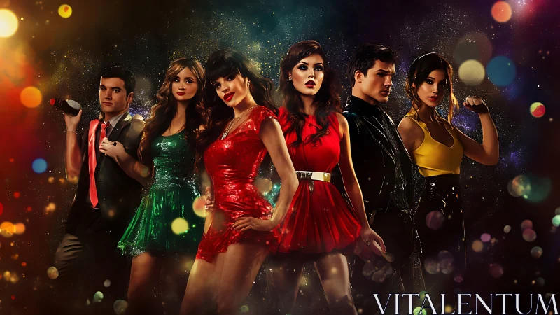 Glamorous nightclub performers in bold party outfits.