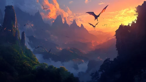 Flying reptiles traverse a mist-filled mountainous valley at dusk