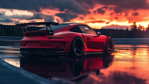 Aerodynamic red track car under saturated sunset sky reflections