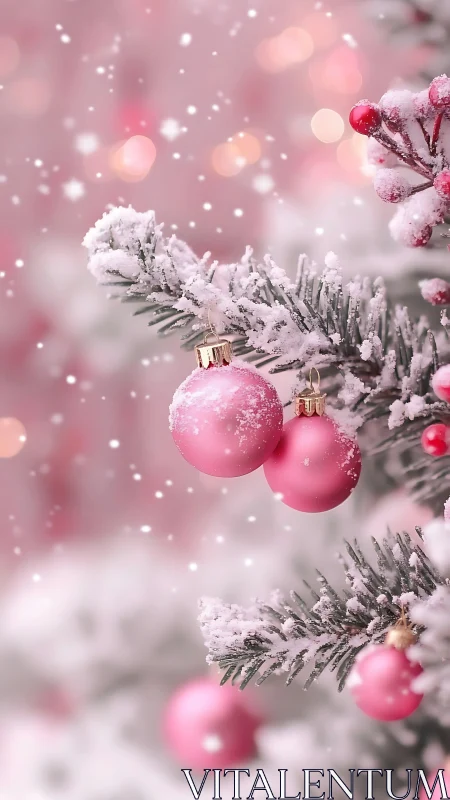 Snow-kissed pink baubles whisper softly through winter hush