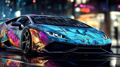 Neon-wrapped supercar with reflective anime livery on wet asphalt