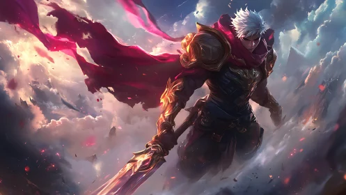 Armored white haired warrior with sword amid drifting clouds.