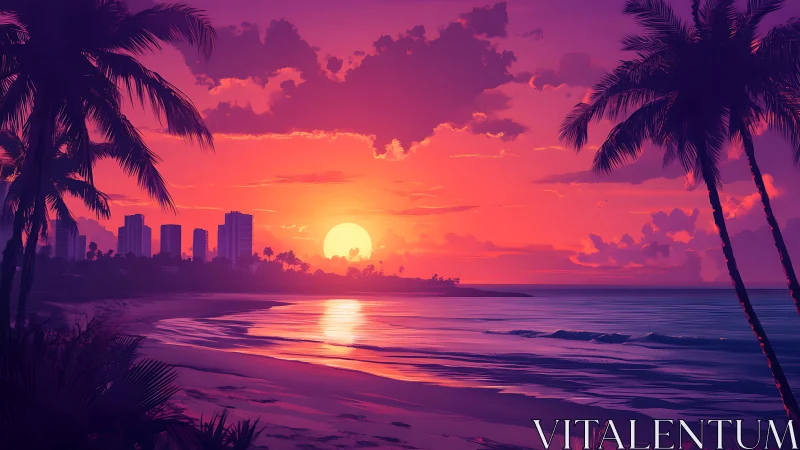 Coastal city shoreline at sunset with silhouetted palm trees.