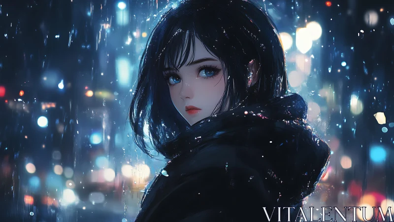 Blue eyed girl in neon rain drenched night street portrait.