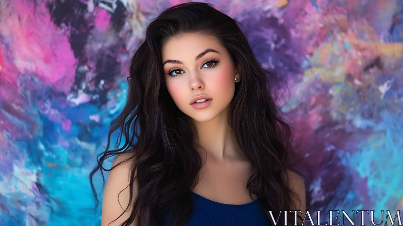 Digital portrait of woman before abstract colorful backdrop.