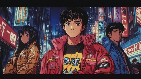 Neon-lit anime trio stand resolute in dense urban streetscape