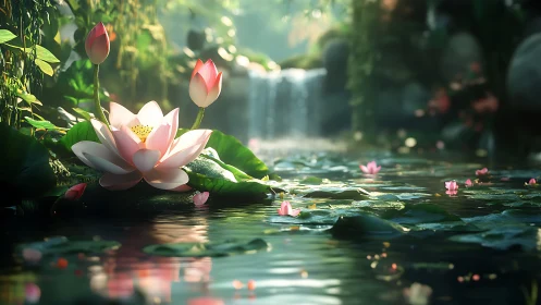 Lotus pond whispers by a soft forest waterfall.