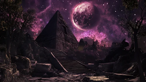 Moon-drowned pyramid waits beneath swirling violet nebula