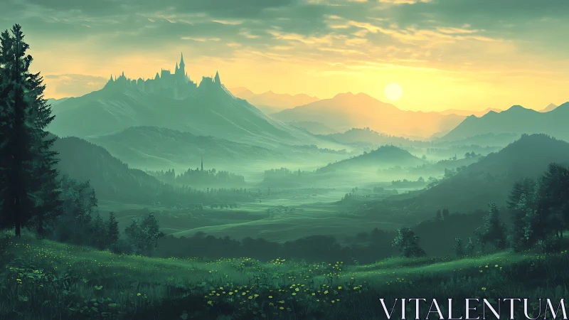 Golden sunrise bathes a distant fantasy castle in misty light