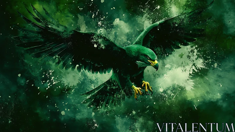 Majestic Green Eagle in Flight, Digital Art with Dramatic Splash Effect.