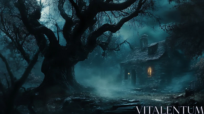 Moonlit haunted tree looms over misty forest cottage