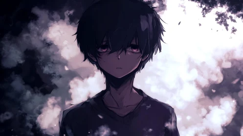 Melancholic anime boy framed by high-contrast abstract haze