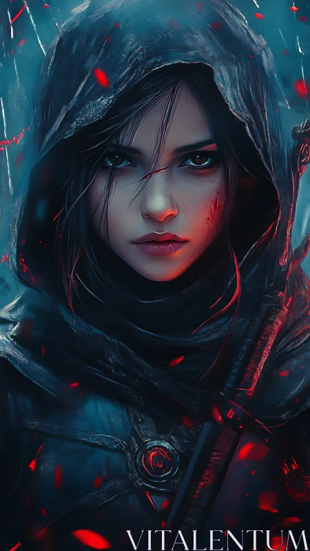 Hooded warrior portrait in cyan haze with crimson embers.