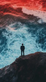 Solitary figure surveys crimson horizon above churning sea.