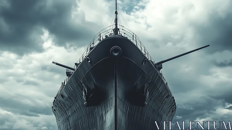 Forward bow view of armored naval warship under storm clouds