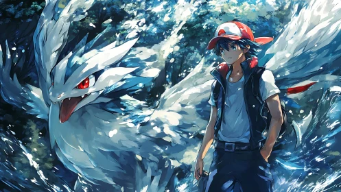 Trainer with white dragon partner amid crashing water surge.