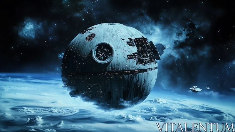 Massive spherical battle station hovers over icy planet.