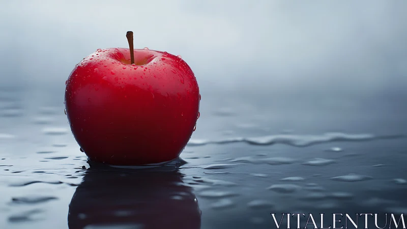 Red apple rests on reflective wet surface in soft focus