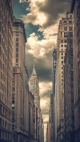 Moody vertical city canyon framing distant art deco tower.