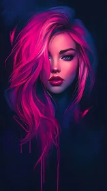 Digital portrait of woman with neon pink hair on dark field.