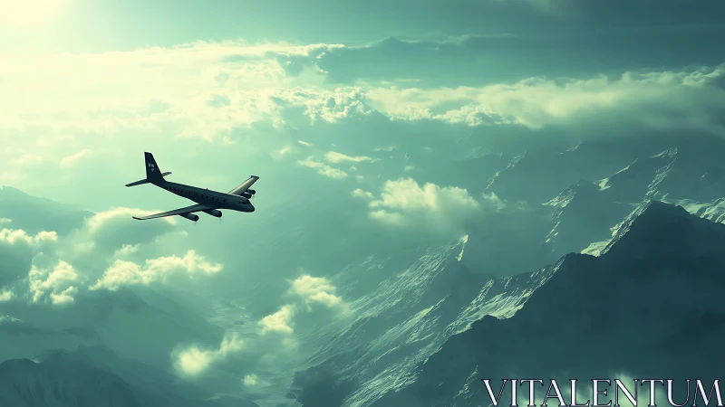 Twin‑engine jetliner traversing stratiform clouds over alpine massif.
