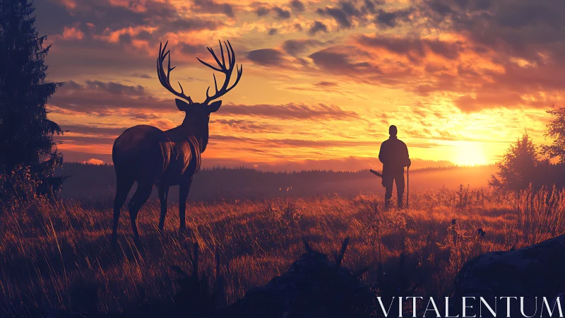 Digital painting of stag and hunter in backlit sunset field.