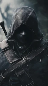 Shadow hood stalker cloaked in stormlit leather silence.