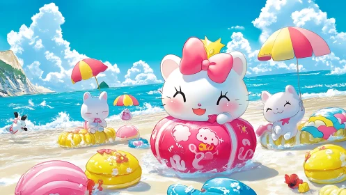 Crowned beach kitties surf candy-colored summer waves.