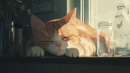 Ginger Reverie by the Windowsill: Cat's Serene Afternoon.