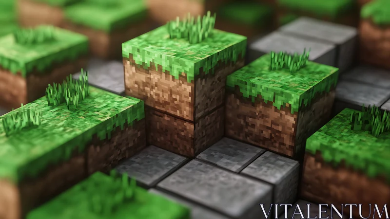 Voxel grass and stone terrain in stylized 3D focus.