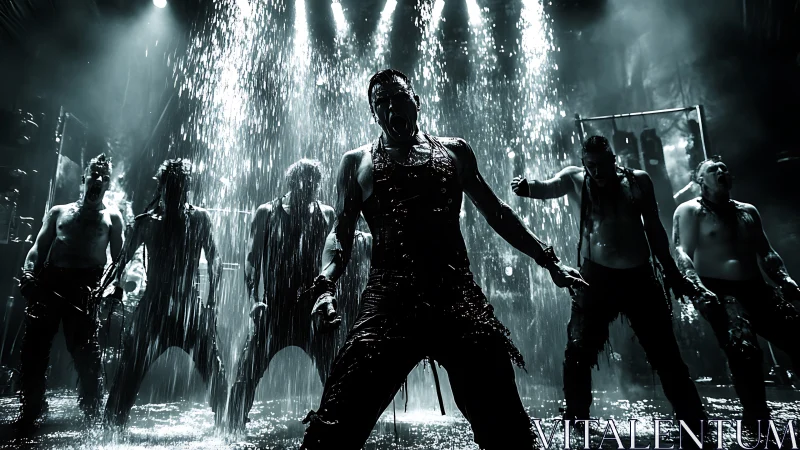 Industrial metal band performs under cascading stage water